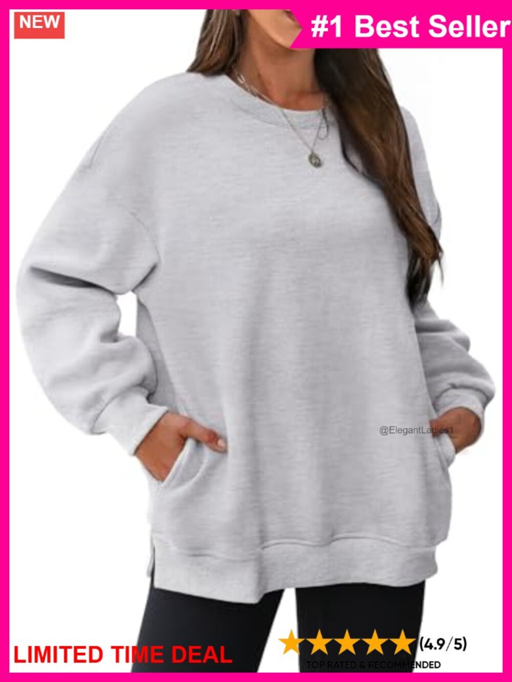 Oversized Crewneck Fleece Sweatshirt with Side Slits & Hidden Pockets
